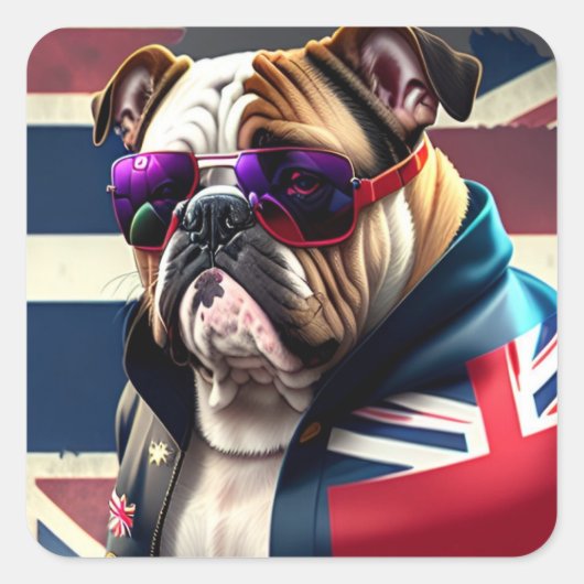 Sticker Carré Bulldog avec veste Union Jack (Devant)