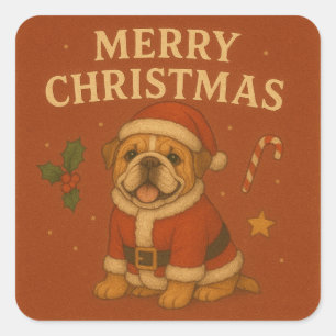 Sticker Carré Bulldog de Noël Mignon Bulldog avec Chapeau de Pèr