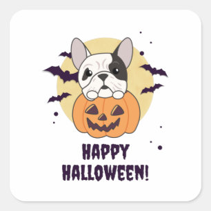 Sticker Carré Bulldog En Chiens Citrouilles Mignons Joyeux Hallo