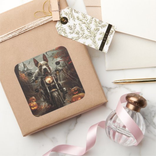 Sticker Carré Bulle Terrier Riding Moto Halloween effrayant (Cadeaux)