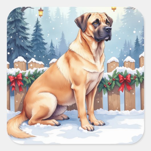 Sticker Carré Bullmastiff Winter Forest Holly Christmas Art (Devant)
