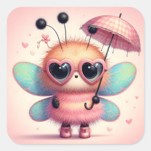 Sticker Carré Bumble Bee mignonne avec parapluie