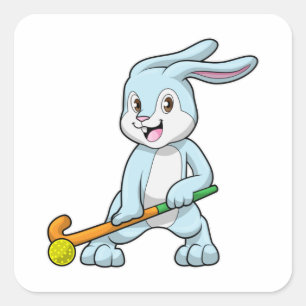 Sticker Carré Bunny au hockey sur gazon avec bâton de hockey
