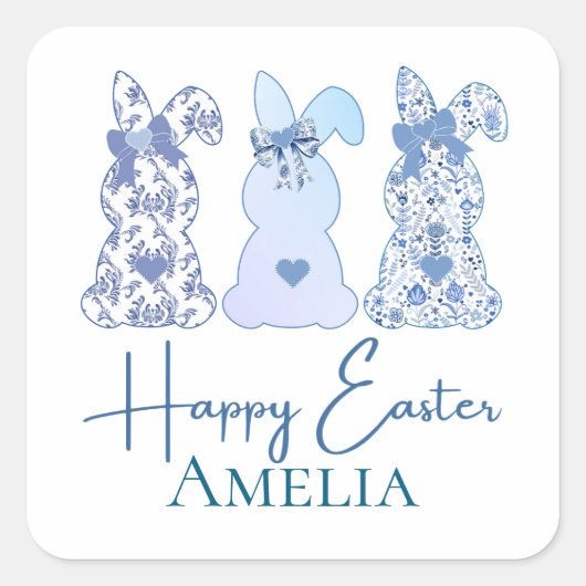 Sticker Carré Bunny Bleu Bleu Blanc Flore Bow Personnalisé (Devant)