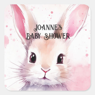 Sticker Carré Bunny Cute Aquarelle baby shower rose