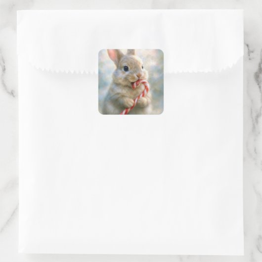Sticker Carré Bunny Rabbit Nibbling On a Candy Cane (Sac)
