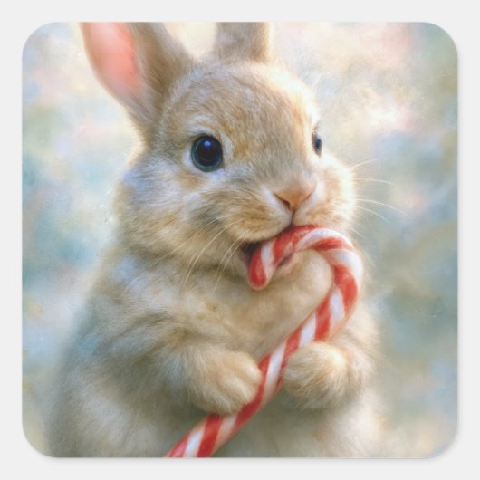 Sticker Carré Bunny Rabbit Nibbling On a Candy Cane (Devant)