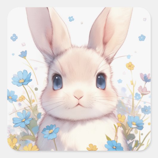 Sticker Carré Bunny Rabbit with Blue Eyes and Spring Wildflowers (Devant)
