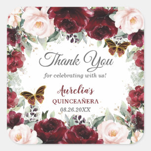 Sticker Carré Burgundy Blush Fleurs Quinceañera Papillons