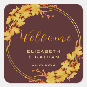 Sticker Carré Burgundy Classy & Gold Floral Mariage Bienvenue