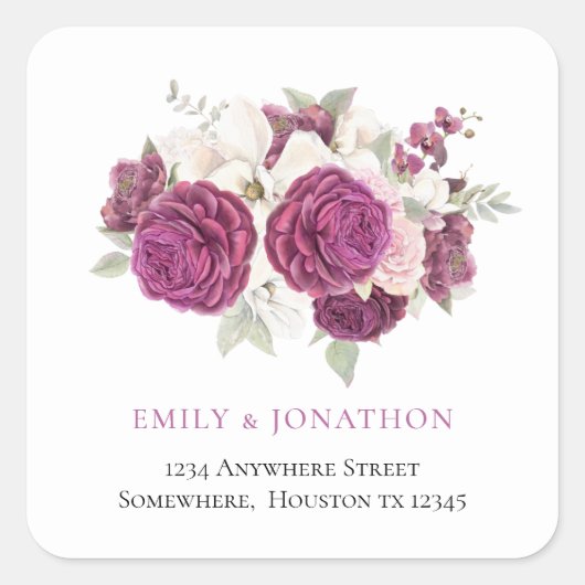 Sticker Carré Burgundy Florals Nom de retour Adresse Mariage (Devant)