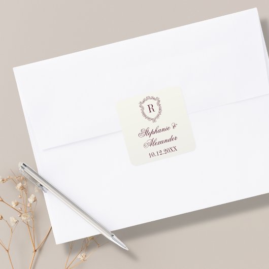 Sticker Carré Burgundy & Ivory Monogram Crest Old Money Wedding