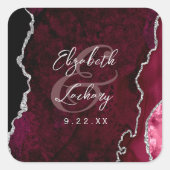 Sticker Carré Burgundy Silver Agate Script Wedding (Devant)