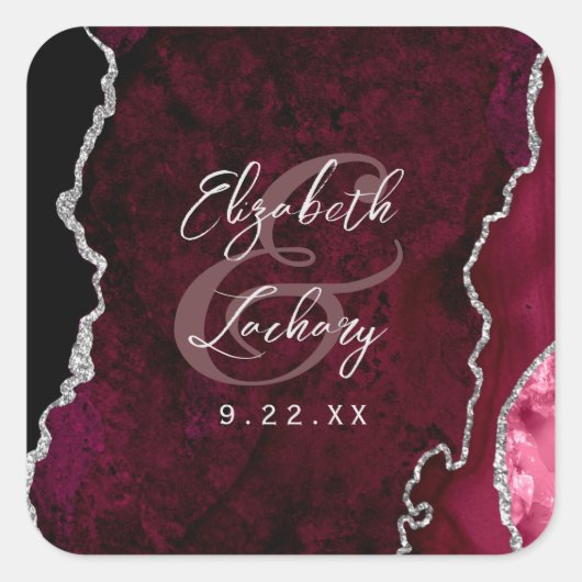 Sticker Carré Burgundy Silver Agate Script Wedding (Devant)