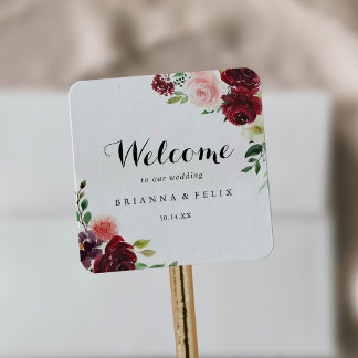 Sticker Carré Burgundy Spring Floral Calligraphie Mariage Bienve