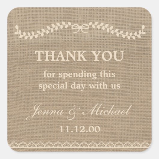 Sticker Carré Burlap et mariage de dentelle merci de favoriser a (Devant)