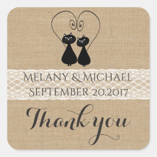 Sticker Carré Burlap rustique drôle chats en amour mariage merci