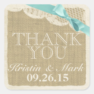 Sticker Carré Burlap vintage et dentelle avec Aqua Bow