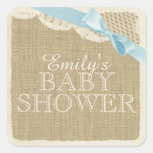 Sticker Carré Burlap vintage et dentelle avec Bleu Bow