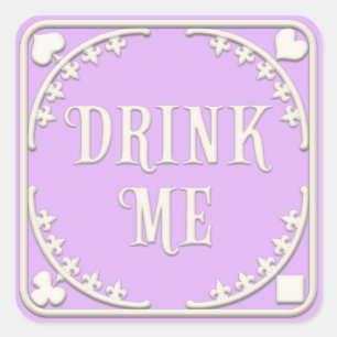 Sticker Carré "Buvez-Moi" Wonderland Tea Party Invitant Purple