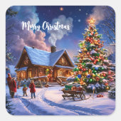 Sticker Carré Cabane rustique d'hiver Noël Forêt enneigée cosy (Devant)