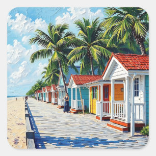 Sticker Carré Cabanes de plage tropicales colorées