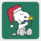 Sticker Carré cacahuètes | Snoopy Père Noël & Woodstock Cadeau (Devant)