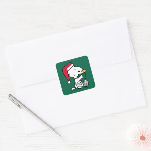 Sticker Carré cacahuètes | Snoopy Père Noël & Woodstock Cadeau (Enveloppe)