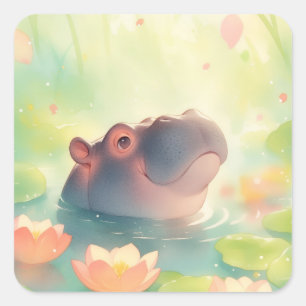 Sticker Carré Cachette Florale de l'Hippopotame dans l'Étang de 