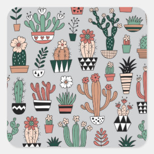 Sticker Carré Cactus en fleurs mignons : Motif à main