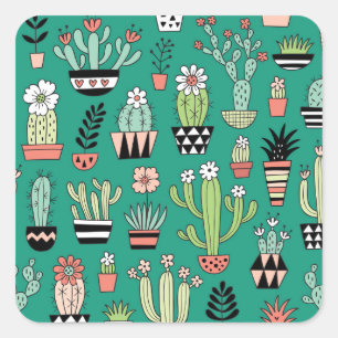 Sticker Carré Cactus en floraison Arrière - plan vert Vintage