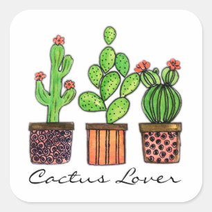 Sticker Carré Cactus mignon d'aquarelle dans des pots