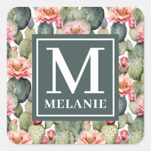 Sticker Carré Cactus Motif Fleurs roses Monogramme