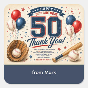 Sticker Carré Cadeau d'anniversaire de 50 ans de baseball 