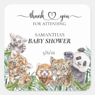 Sticker Carré Cadeau de Baby Shower Animaux de la Jungle Tropica