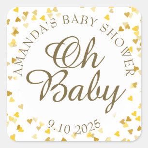 Sticker Carré Cadeau de Baby Shower Cœurs Dorés Oh Bébé