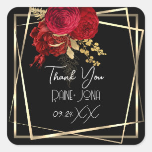 Sticker Carré Cadeau de bapteme de mariage Fleurs rouges Noir 