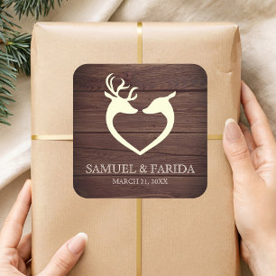 Sticker Carré Cadeau de mariage élégant en bois rustique en form