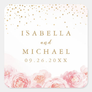 Sticker Carré Cadeau de mariage floral élégant or et rose blush