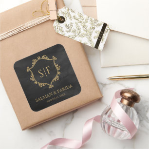 Sticker Carré Cadeau de Mariage Monogramme Black Gold Crest