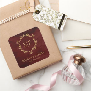 Sticker Carré Cadeau de mariage Monogramme Burgundy Red Gold Cre