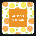 Sticker Carré Cadeau de Mariage ou de Fête des mariées au citron<br><div class="desc">Ces autocollants gais ont un arrière - plan coloré de citrons,  d'oranges et de raisins. Ils peuvent être personnalisés avec votre texte.</div>