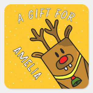 Sticker Carré Cadeau de Noël au nom de l'enfant Renne Jaune Mign