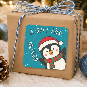 Sticker Carré Cadeau de Noël au nom de petits pingouins mignons