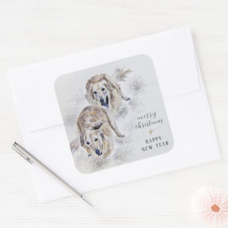 Sticker Carré Cadeau de Noël au retriever doré à l'aquarelle