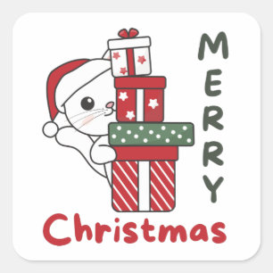 Sticker Carré Cadeau de Noël Chat Animaux d'hiver Chats
