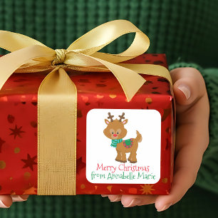 Sticker Carré Cadeau de Noël de Renne Mignon Personnalisé