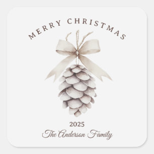 Sticker Carré Cadeau de Noël personnalisé en pin blanc crème ave