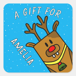 Sticker Carré Cadeau de Noël pour enfant Renne Bleu Mignon avec