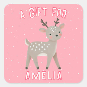 Sticker Carré Cadeau de Noël pour enfants Renne Rose Mignon Nom